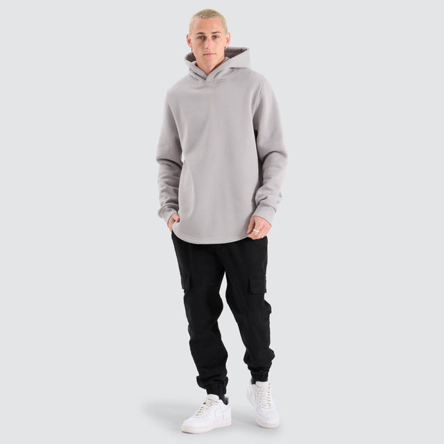 Model Wears Conway Dual Curved Hoodie Alloy Jumpers in Grey - Image 3