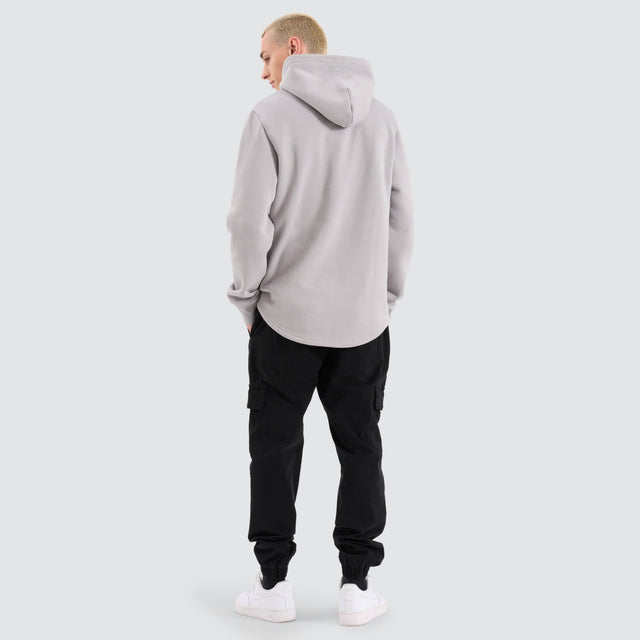 Model Wears Conway Dual Curved Hoodie Alloy Jumpers in Grey - Image 5