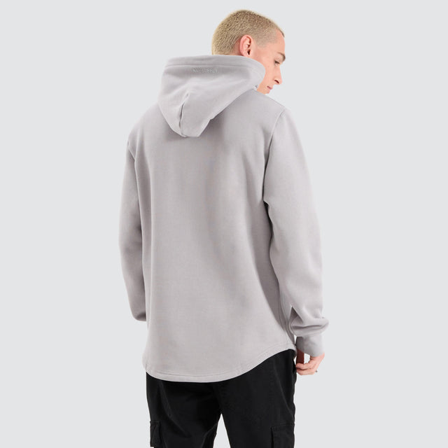 Model Wears Conway Dual Curved Hoodie Alloy Jumpers in Grey - Image 2
