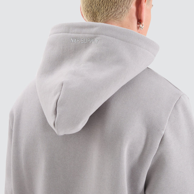 Model Wears Conway Dual Curved Hoodie Alloy Jumpers in Grey - Image 4