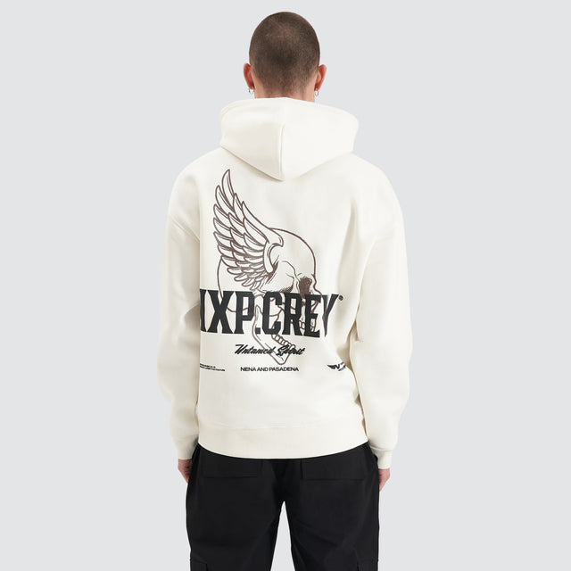 Model Wears Corbusian Heavy Box Fit Hoodie Natural White Hoodies in White - Image 1
