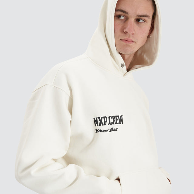 Model Wears Corbusian Heavy Box Fit Hoodie Natural White Hoodies in White - Image 5