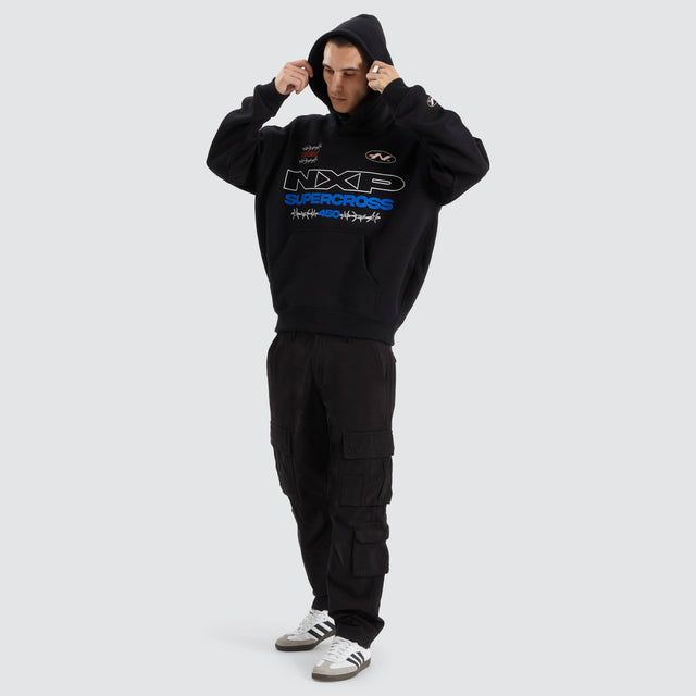 Model Wears Cornerman Heavy Box Fit Hoodie Jet Black Hoodies in Black - Image 4