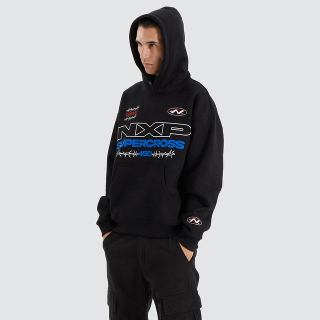 Model Wears Cornerman Heavy Box Fit Hoodie Jet Black Hoodies in Black - Image 3