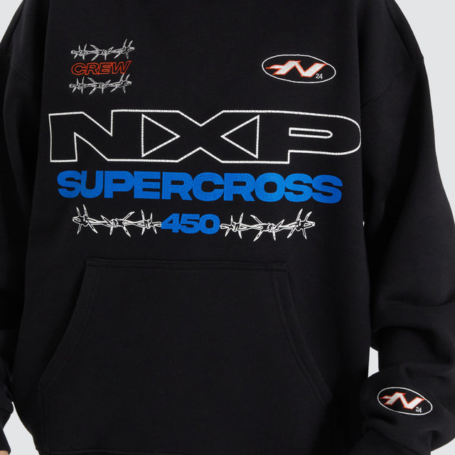 Model Wears Cornerman Heavy Box Fit Hoodie Jet Black Hoodies in Black - Image 6