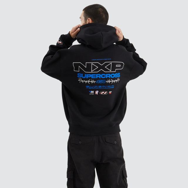Model Wears Cornerman Heavy Box Fit Hoodie Jet Black Hoodies in Black - Image 2
