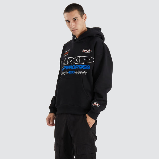 Model Wears Cornerman Heavy Box Fit Hoodie Jet Black Hoodies in Black - Image 1