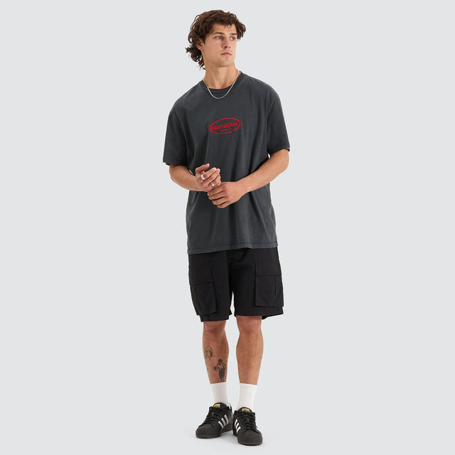 Model Wears Cycle Relaxed Tee Pigment Anthracite Black T-Shirts in Black - Image 6