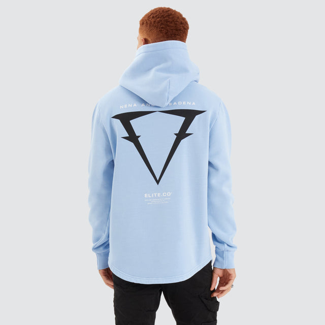 Model Wears Data Dual Curved Hoodie Pigment Placid Blue Hoodies in Blue - Image 2