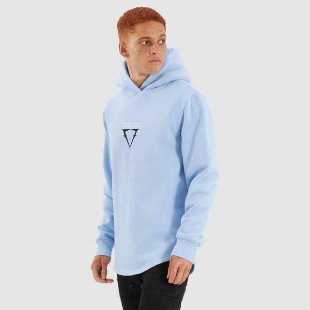 Model Wears Data Dual Curved Hoodie Pigment Placid Blue Hoodies in Blue - Image 1