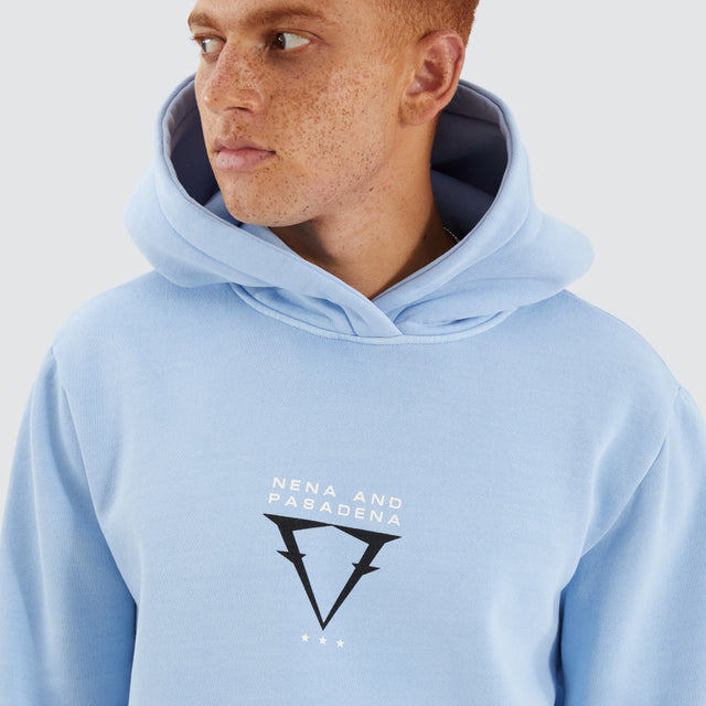 Model Wears Data Dual Curved Hoodie Pigment Placid Blue Hoodies in Blue - Image 3