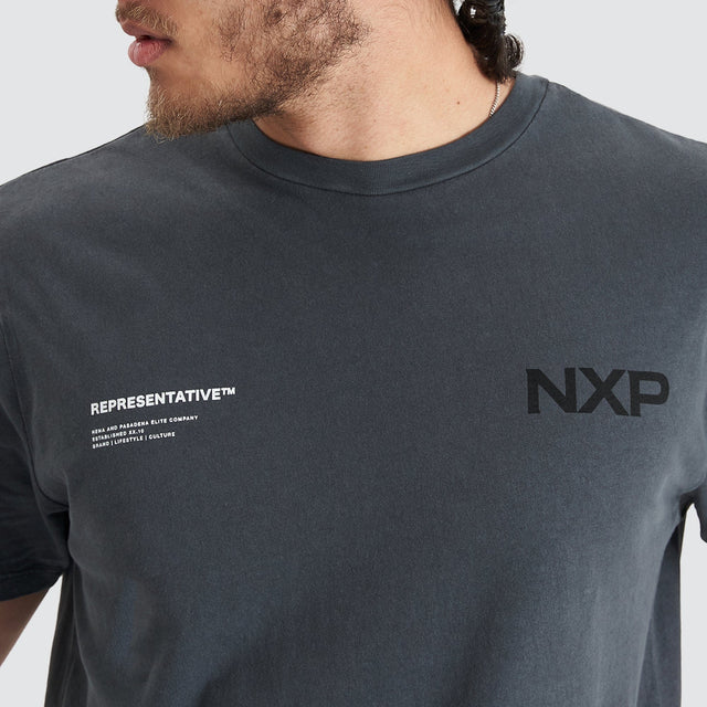 Model Wears Delta Time Dual Curved Tee Pigment Asphalt T-Shirts in Grey - Image 3