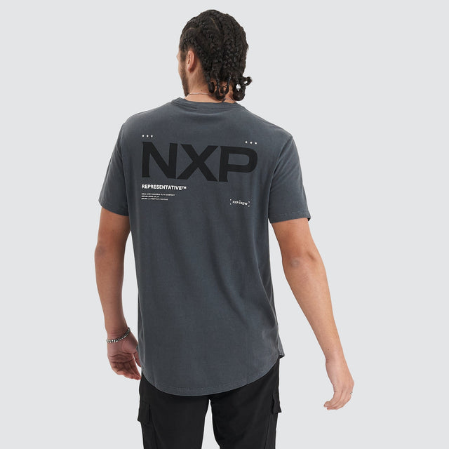 Model Wears Delta Time Dual Curved Tee Pigment Asphalt T-Shirts in Grey - Image 6