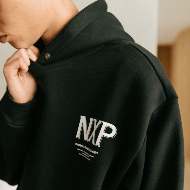 Model Wears Diagram Heavy Box Fit Hoodie Jet Black Hoodies in Black - Image 7