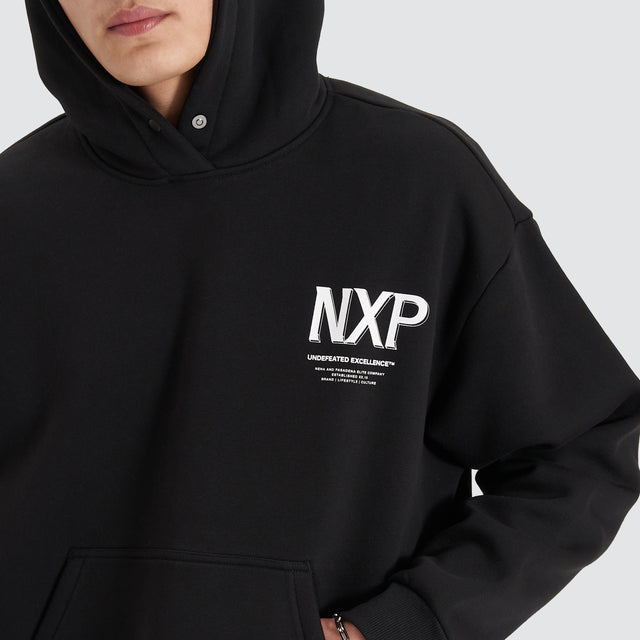 Model Wears Diagram Heavy Box Fit Hoodie Jet Black Hoodies in Black - Image 5