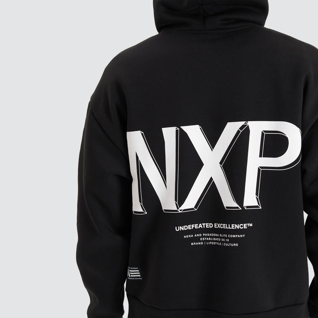 Model Wears Diagram Heavy Box Fit Hoodie Jet Black Hoodies in Black - Image 4