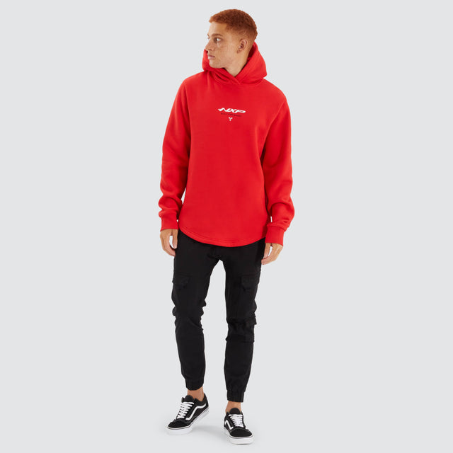 Model Wears Digit Dual Curved Hoodie Poppy Red Hoodies in Red - Image 4