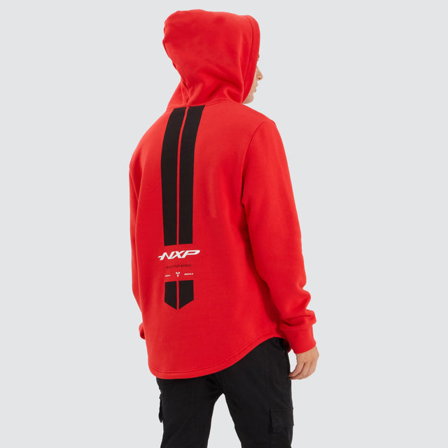 Model Wears Digit Dual Curved Hoodie Poppy Red Hoodies in Red - Image 2