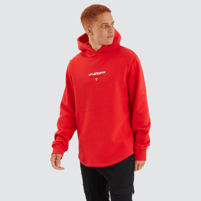 Model Wears Digit Dual Curved Hoodie Poppy Red Hoodies in Red - Image 1