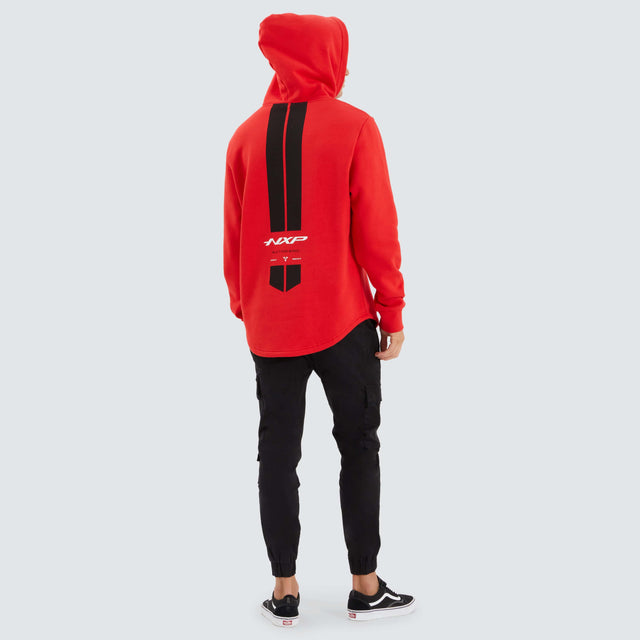 Model Wears Digit Dual Curved Hoodie Poppy Red Hoodies in Red - Image 5