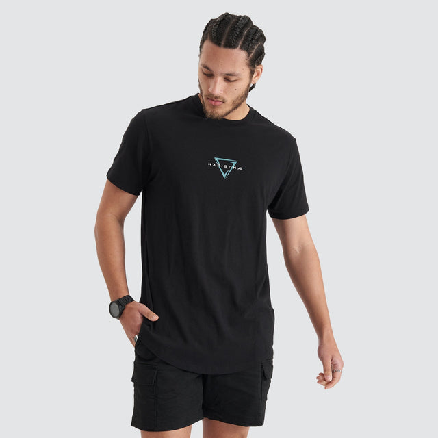 Model Wears Downforce Dual Curved Tee Jet Black T-Shirts in Black - Image 1