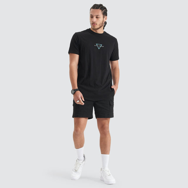 Model Wears Downforce Dual Curved Tee Jet Black T-Shirts in Black - Image 3