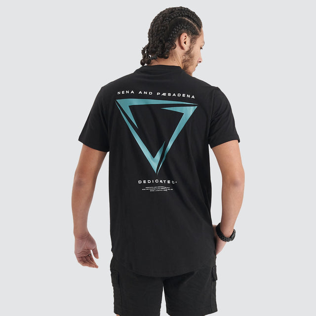 Model Wears Downforce Dual Curved Tee Jet Black T-Shirts in Black - Image 2