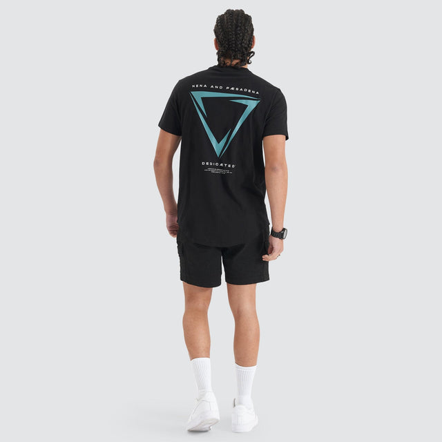 Model Wears Downforce Dual Curved Tee Jet Black T-Shirts in Black - Image 5