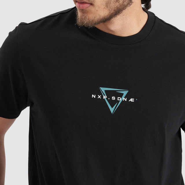 Model Wears Downforce Dual Curved Tee Jet Black T-Shirts in Black - Image 4