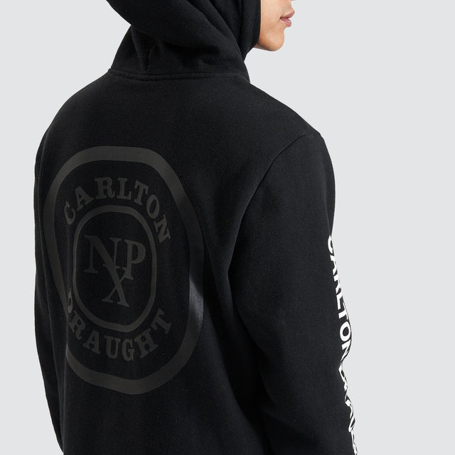 Model Wears Drummond Dual Curved Hoodie Jet Black Hoodies in Black - Image 7