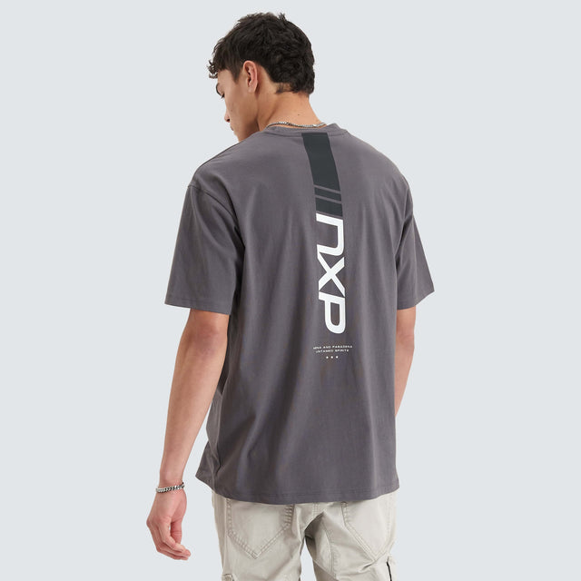 Model Wears Dynamic Heavy Box Fit Tee Asphalt T-Shirts in Grey - Image 4