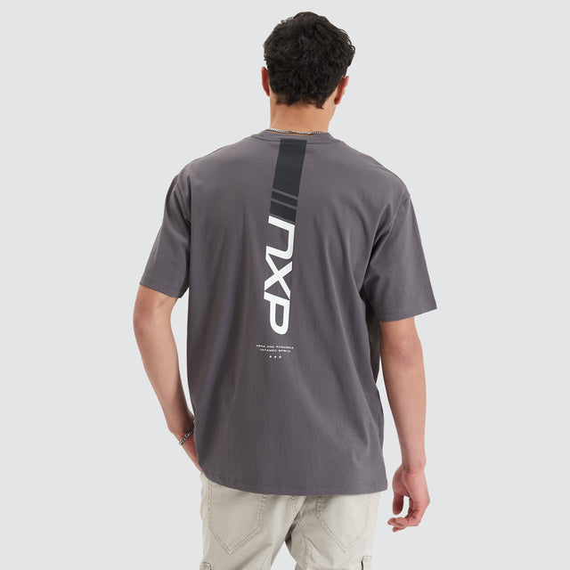 Model Wears Dynamic Heavy Box Fit Tee Asphalt T-Shirts in Grey - Image 2