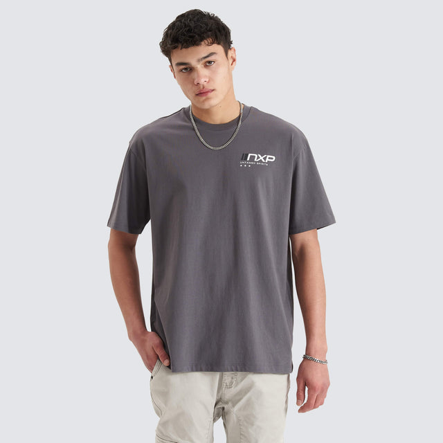 Model Wears Dynamic Heavy Box Fit Tee Asphalt T-Shirts in Grey - Image 6