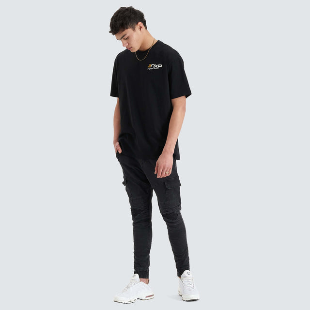Model Wears Dynamic Heavy Box Fit Tee Jet Black T-Shirts in Black - Image 5