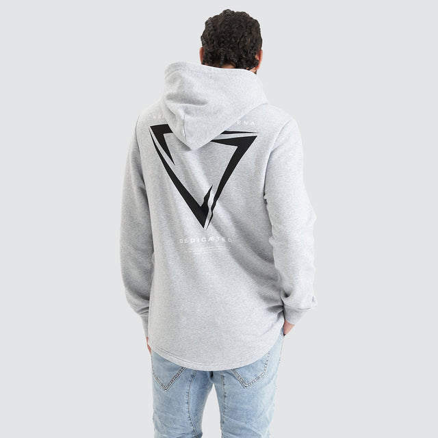 Model Wears Eight Rank Dual Curved Hoodie Grey Marle Hoodies in Grey - Image 3