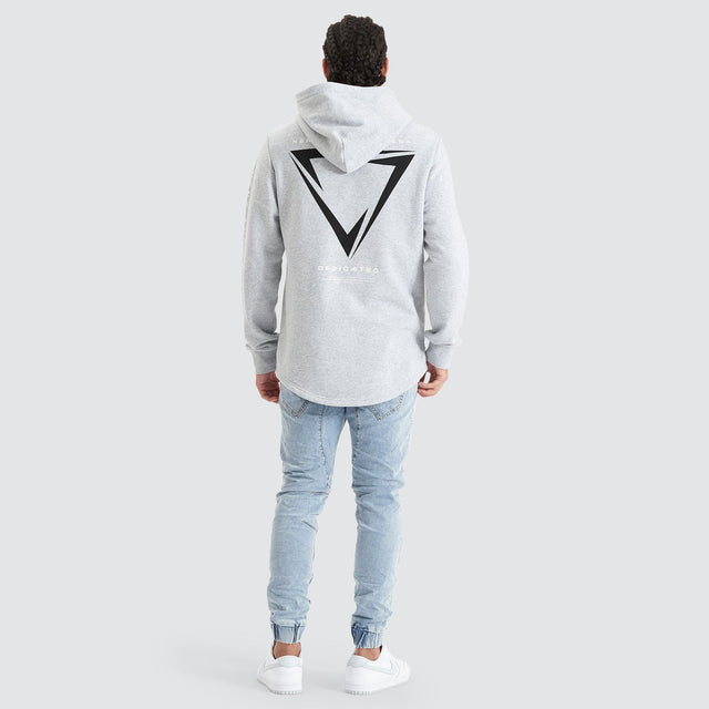 Model Wears Eight Rank Dual Curved Hoodie Grey Marle Hoodies in Grey - Image 5