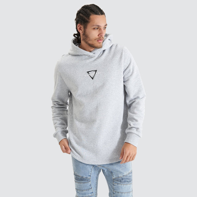 Model Wears Eight Rank Dual Curved Hoodie Grey Marle Hoodies in Grey - Image 7