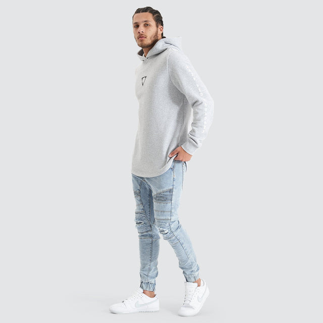 Model Wears Eight Rank Dual Curved Hoodie Grey Marle Hoodies in Grey - Image 4