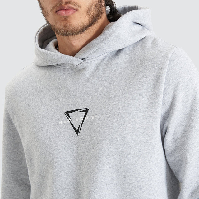 Model Wears Eight Rank Dual Curved Hoodie Grey Marle Hoodies in Grey - Image 2