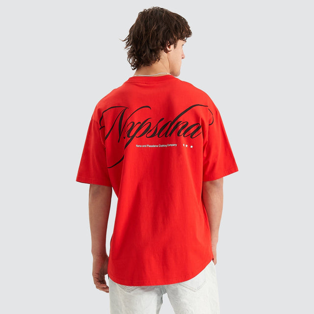 Model Wears Encrypted Heavy Box Fit Scoop Tee Poppy Red T-Shirts in Red - Image 3