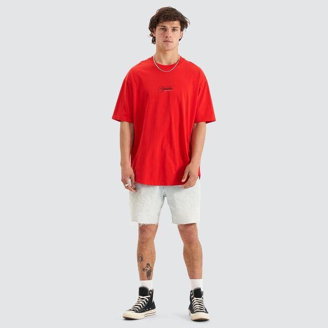 Model Wears Encrypted Heavy Box Fit Scoop Tee Poppy Red T-Shirts in Red - Image 7