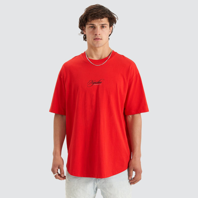 Model Wears Encrypted Heavy Box Fit Scoop Tee Poppy Red T-Shirts in Red - Image 8