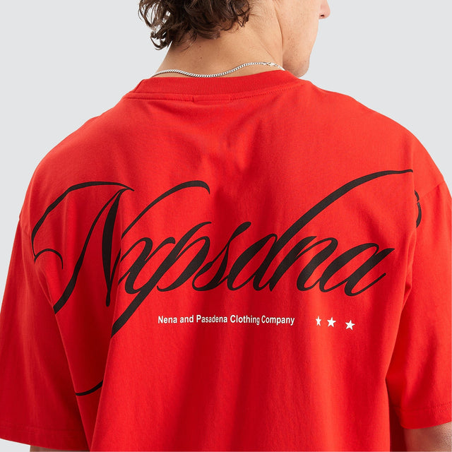 Model Wears Encrypted Heavy Box Fit Scoop Tee Poppy Red T-Shirts in Red - Image 6
