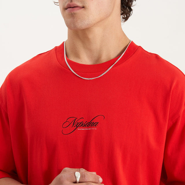 Model Wears Encrypted Heavy Box Fit Scoop Tee Poppy Red T-Shirts in Red - Image 4