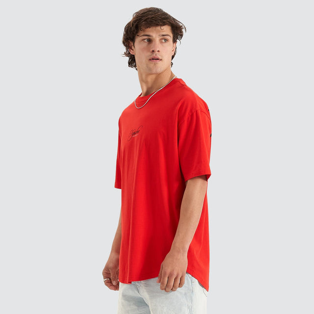 Model Wears Encrypted Heavy Box Fit Scoop Tee Poppy Red T-Shirts in Red - Image 5