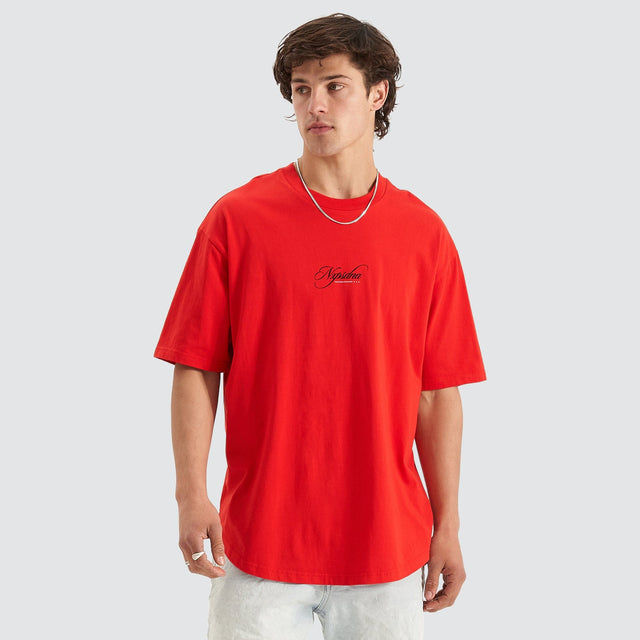 Model Wears Encrypted Heavy Box Fit Scoop Tee Poppy Red T-Shirts in Red - Image 1
