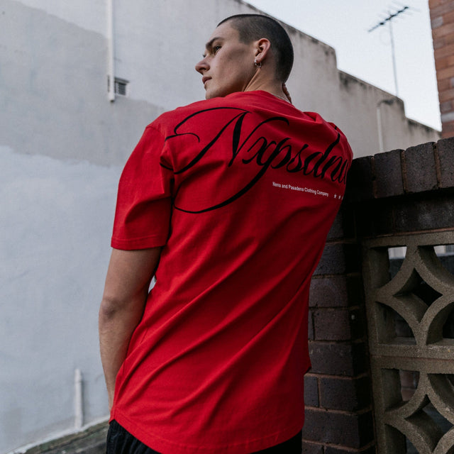 Model Wears Encrypted Heavy Box Fit Scoop Tee Poppy Red T-Shirts in Red - Image 2