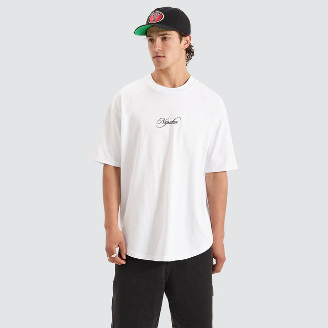 Model Wears Encrypted Heavy Box Fit Scoop Tee White T-Shirts in White - Image 1