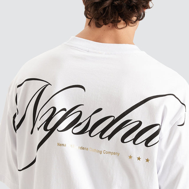 Model Wears Encrypted Heavy Box Fit Scoop Tee White T-Shirts in White - Image 2