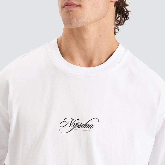 Model Wears Encrypted Heavy Box Fit Scoop Tee White T-Shirts in White - Image 5